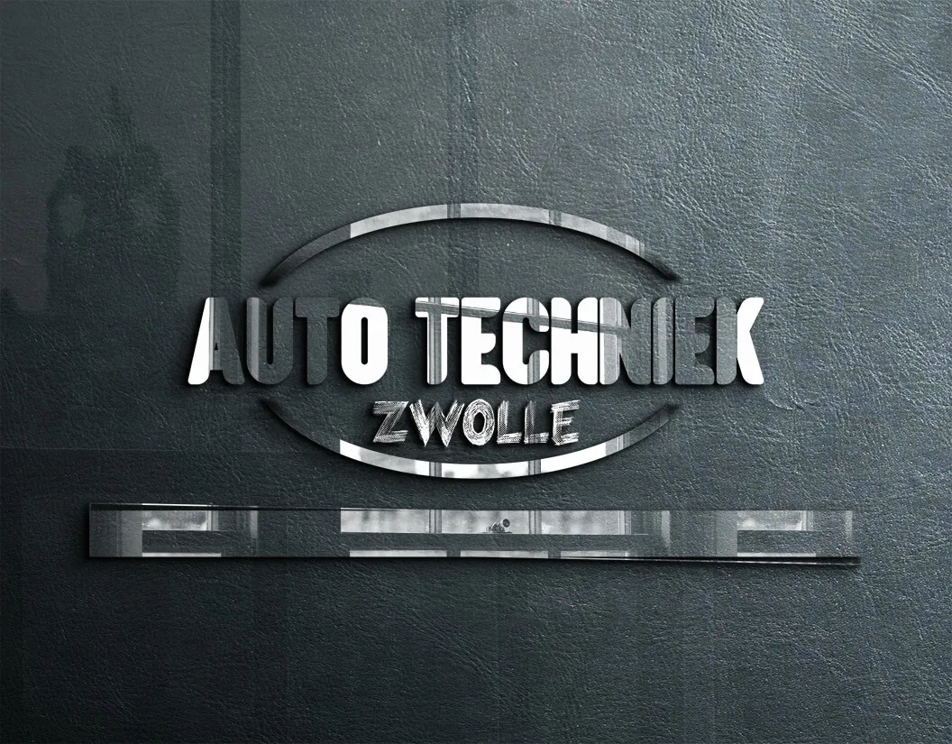 Logo- en huisstijlontwerp voor Auto Techniek Zwolle, in 3D op een wand gepresenteerd, door ZON Reclame.