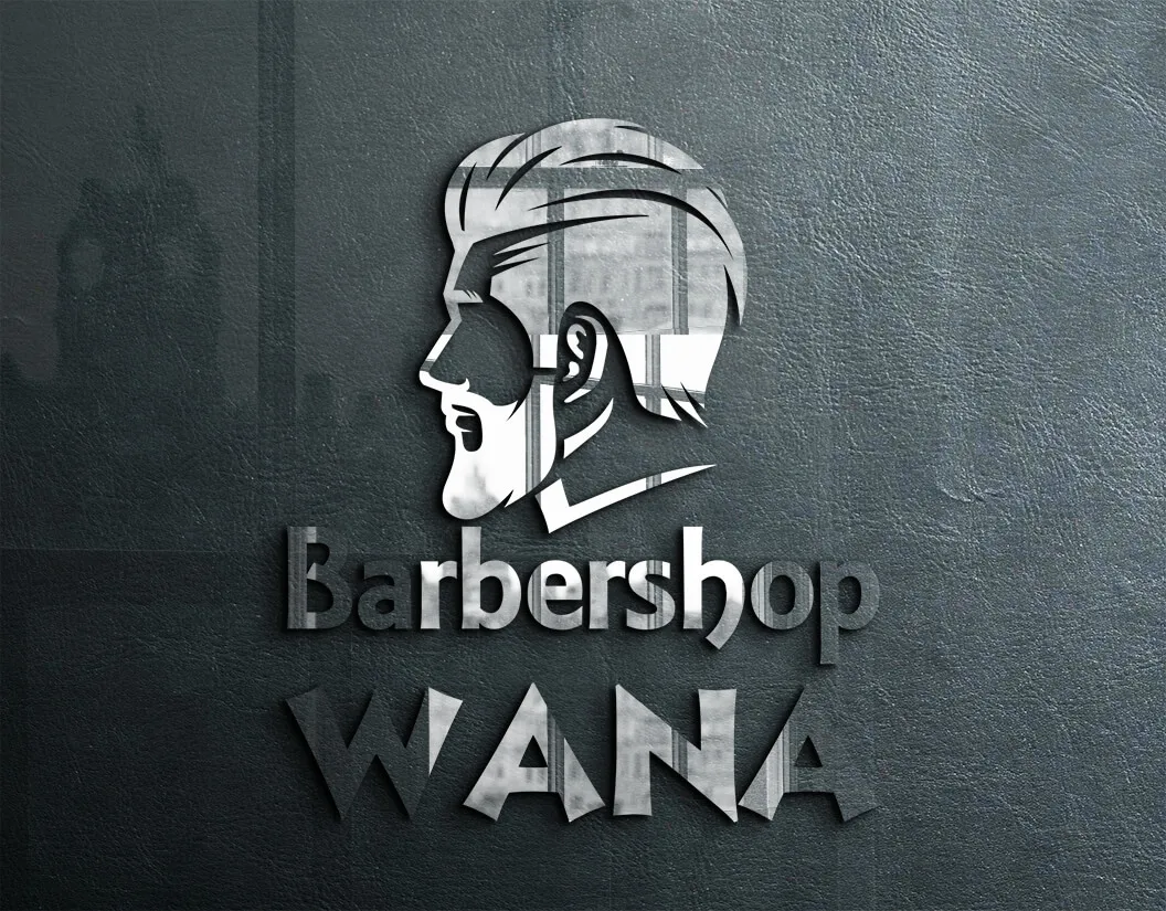 Logo- en huisstijlontwerp voor Barbershop WANA, in 3D op een wand gepresenteerd, door ZON Reclame.