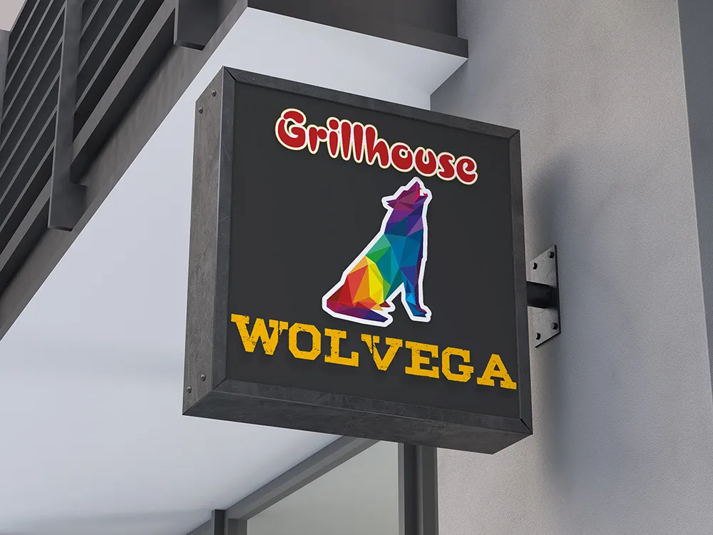 Logo- en huisstijlontwerp voor Grillhouse Wolvega, gepresenteerd als verlicht uithangbord, door ZON Reclame.