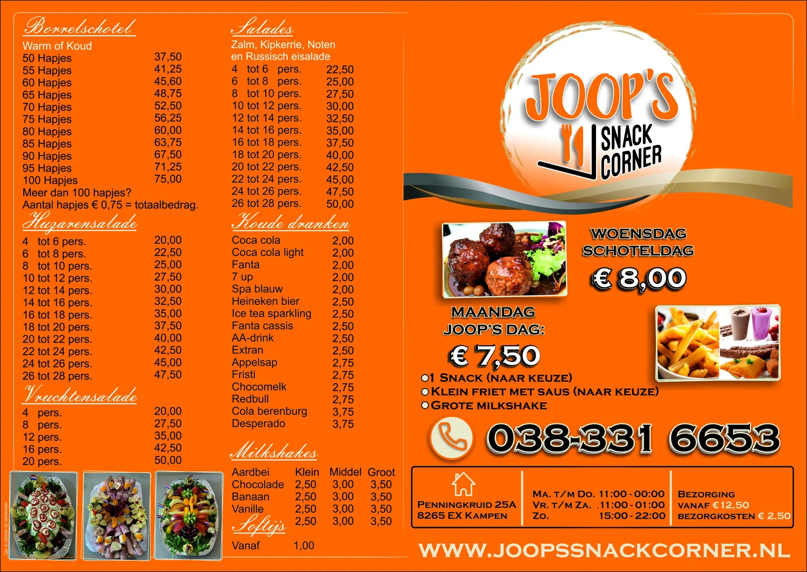 Oranje menukaart van Joop's Snack Corner met prijslijst, foodfoto's en logo — drukwerk en huisstijl door ZON Reclame.