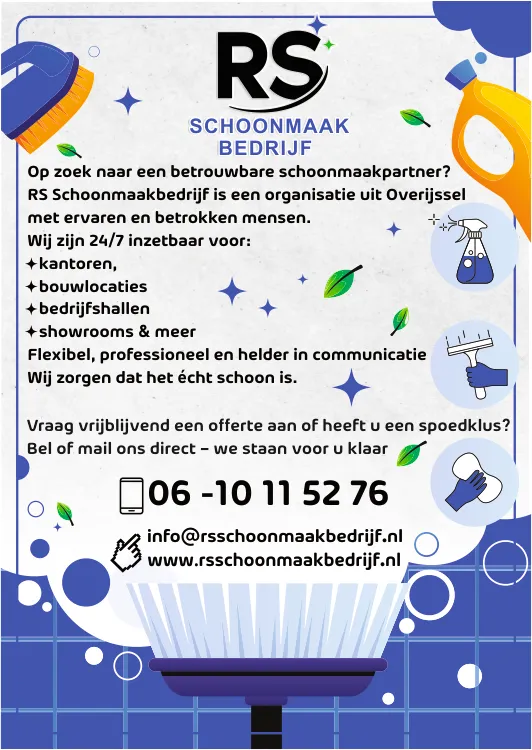 Blauw-witte flyer voor RS Schoonmaakbedrijf met borstel- en sprayflacon-illustraties en contactgegevens.